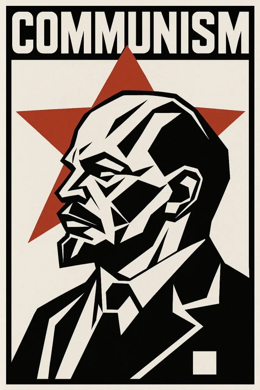 Stylized portrait poster with the word COMMUNISM and a geometric man’s profile, used for an anti-communism nonfiction page