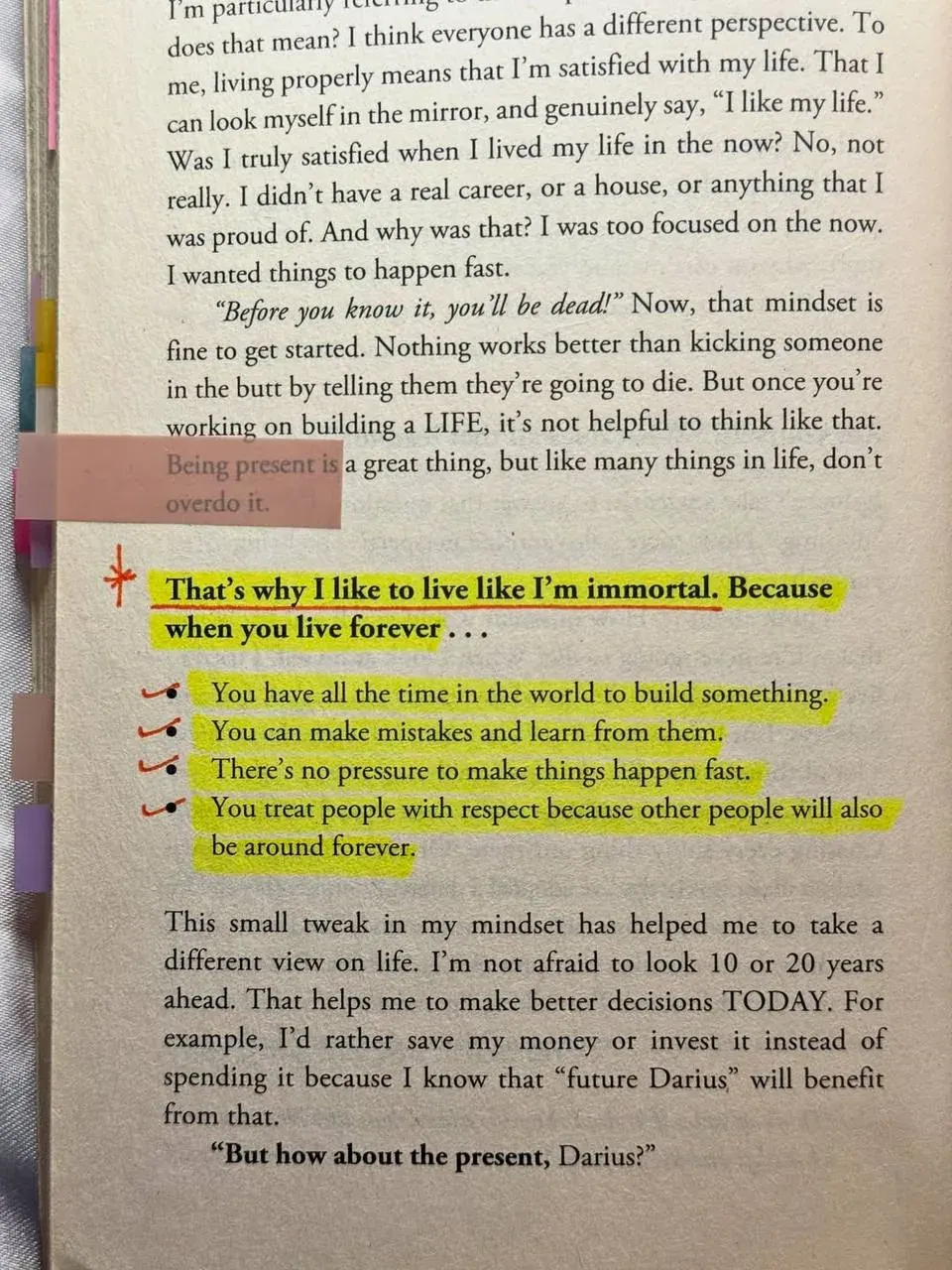 Page from a reflective book discussing living properly, long-term thinking, and building a satisfying life