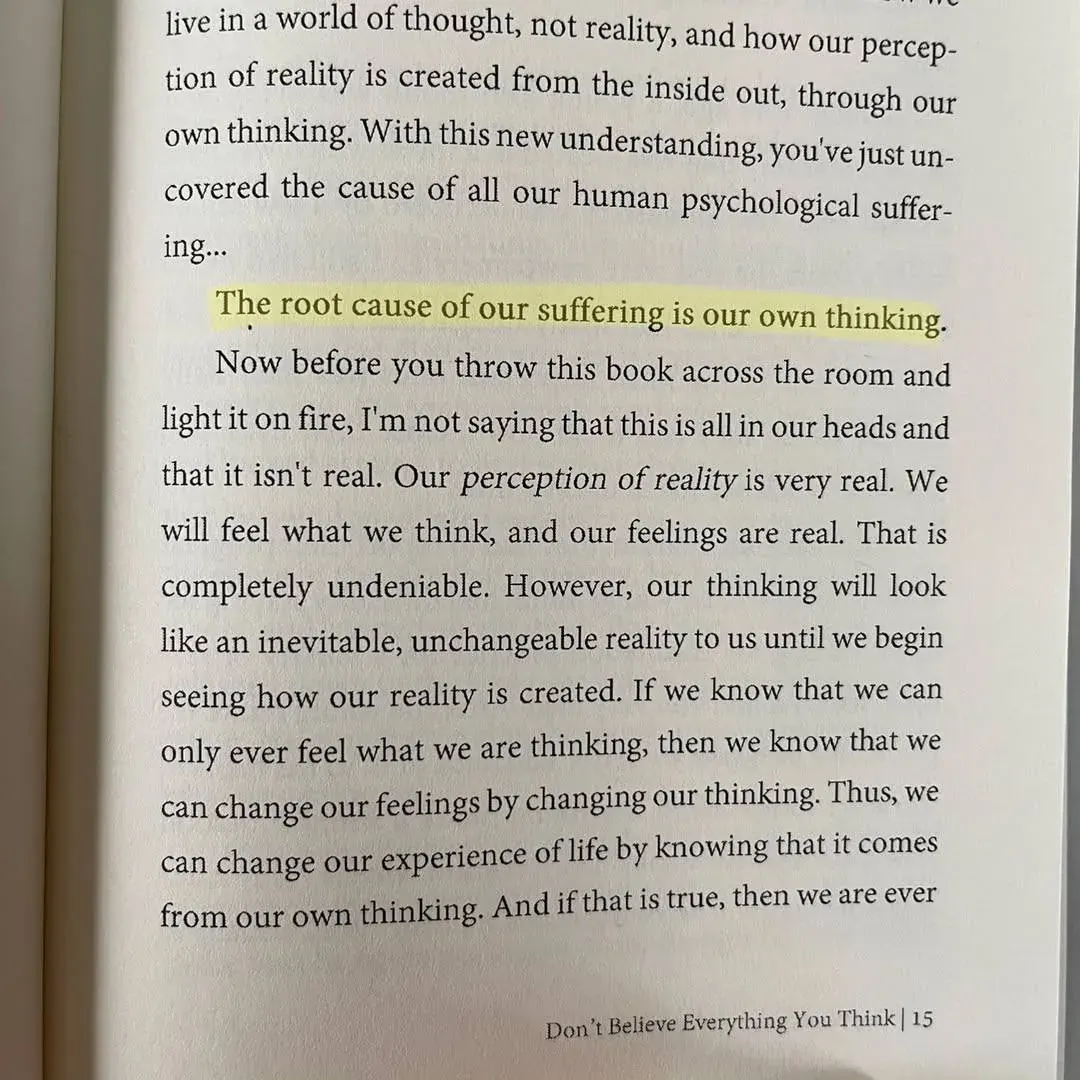 Book page text about how perception and thinking shape our experience of reality and psychological suffering