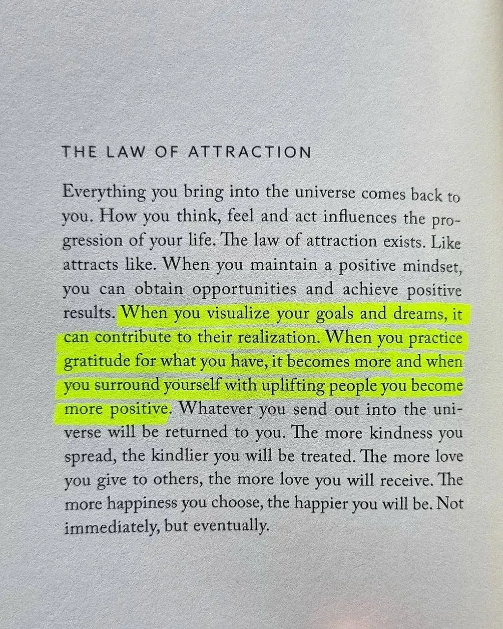 Poster-style quote about the law of attraction and how thoughts and actions shape life outcomes