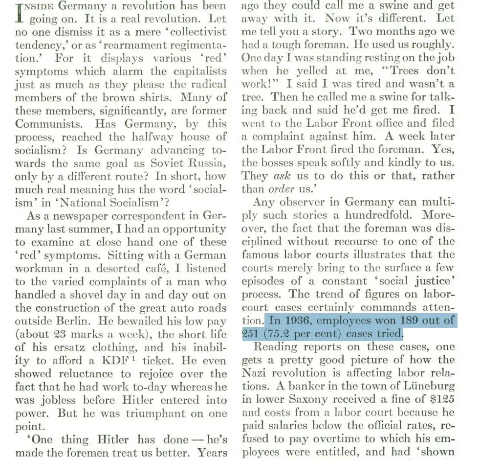 archival text discussing Nazi Germany, labor courts, and debates over National Socialism and socialism