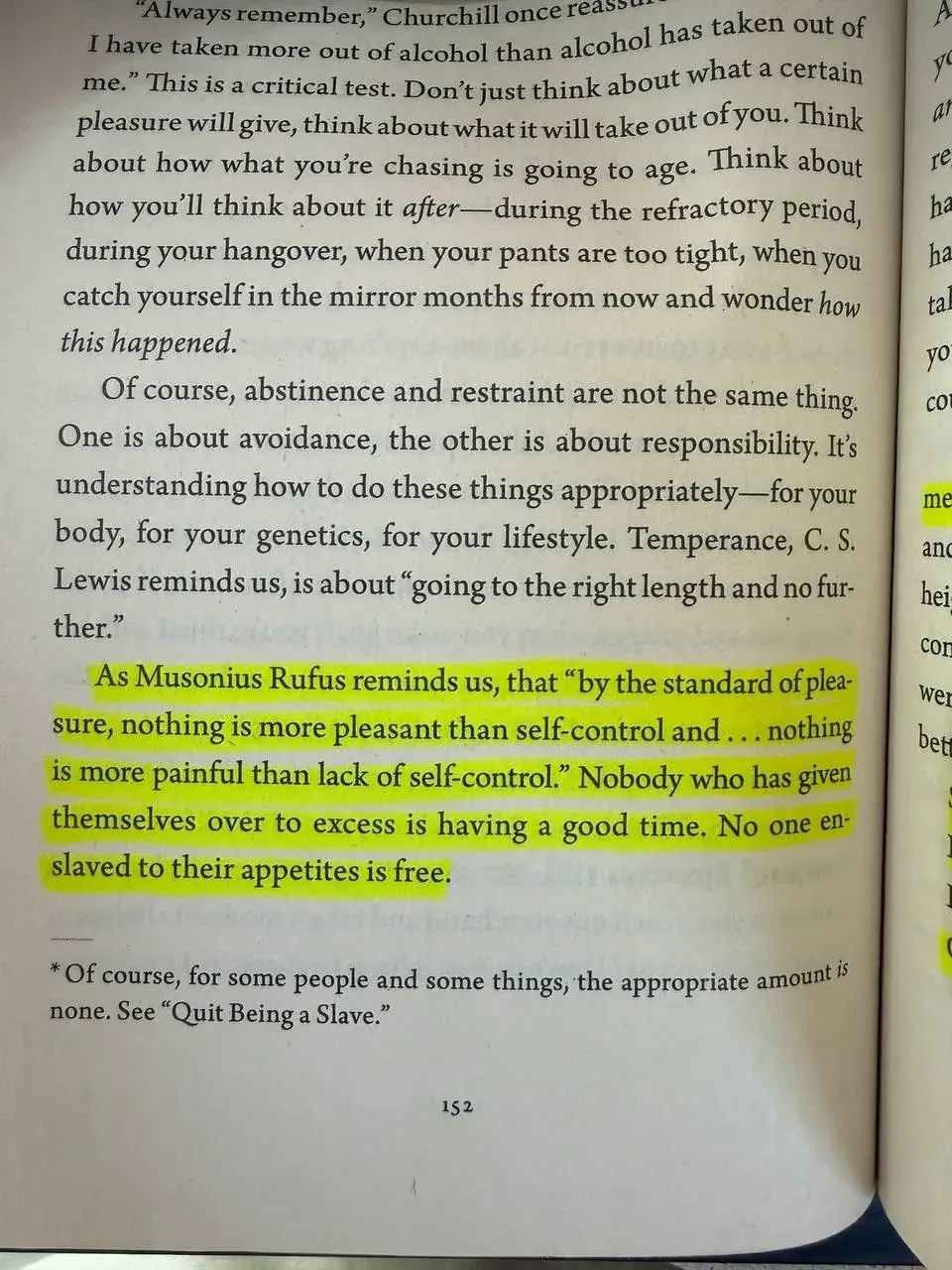 Portrait photo of a page from a book discussing self-control, temperance, and responsibility with a Churchill quote about alcohol