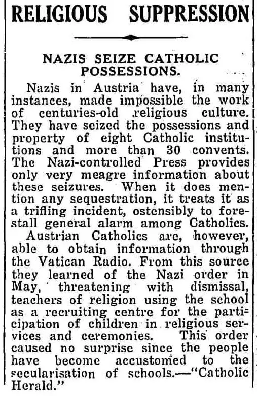 Archival newspaper clipping about Nazis seizing Catholic possessions and suppressing religious institutions