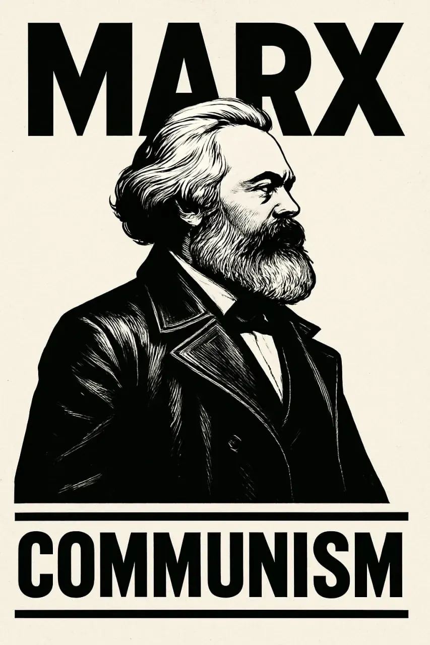 Poster-style portrait of Karl Marx with the word communism, used for a page about books critical of communist regimes