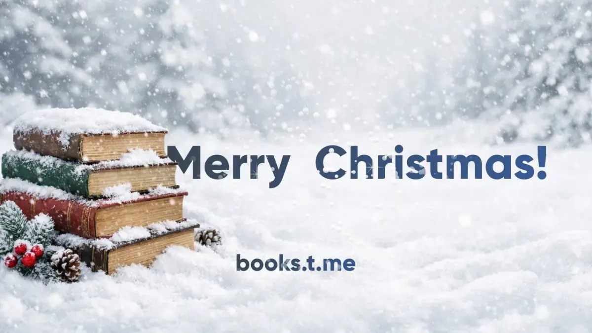Winter scene with a stack of old books in the snow with Merry Christmas and books.t.me text
