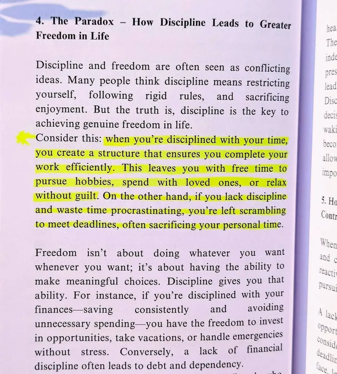 Page from a book explaining how discipline can lead to greater freedom in life