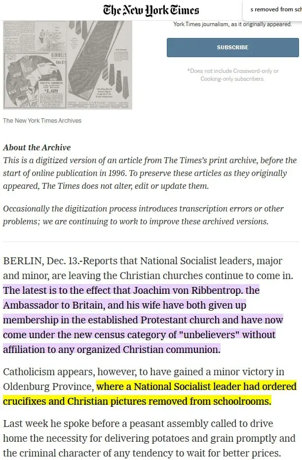 archival New York Times article discussing National Socialist leaders leaving Christian churches in 1930s Germany