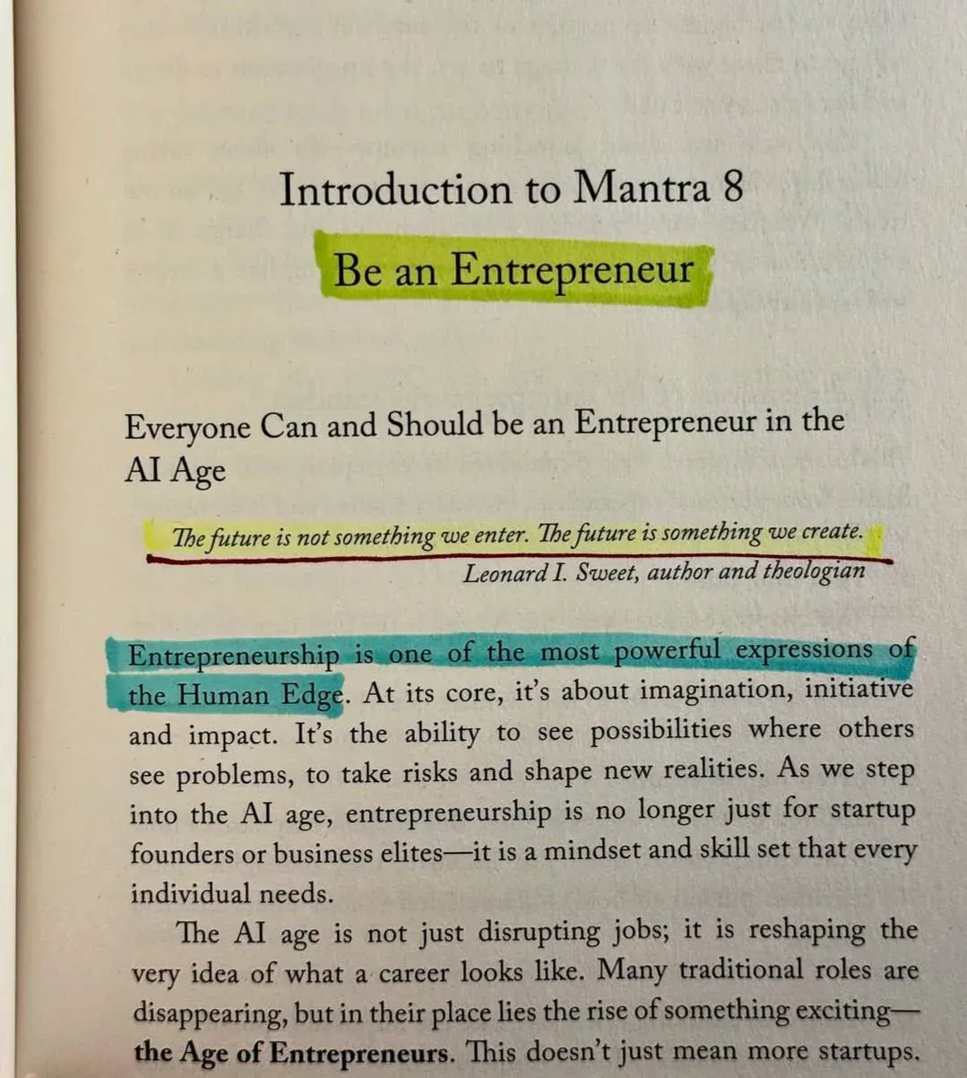 Page from a book about entrepreneurship and the AI age, discussing imagination, initiative and the rise of entrepreneurs