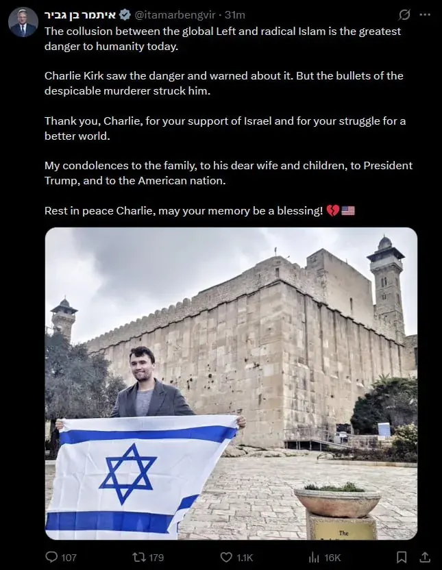 Portrait photo showing a social media post with Hebrew and English political text about global left, radical Islam, and support for Israel