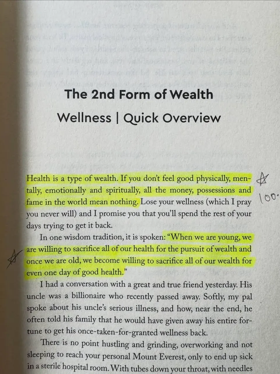 Page from a wellness book about health as a form of wealth and the cost of losing it