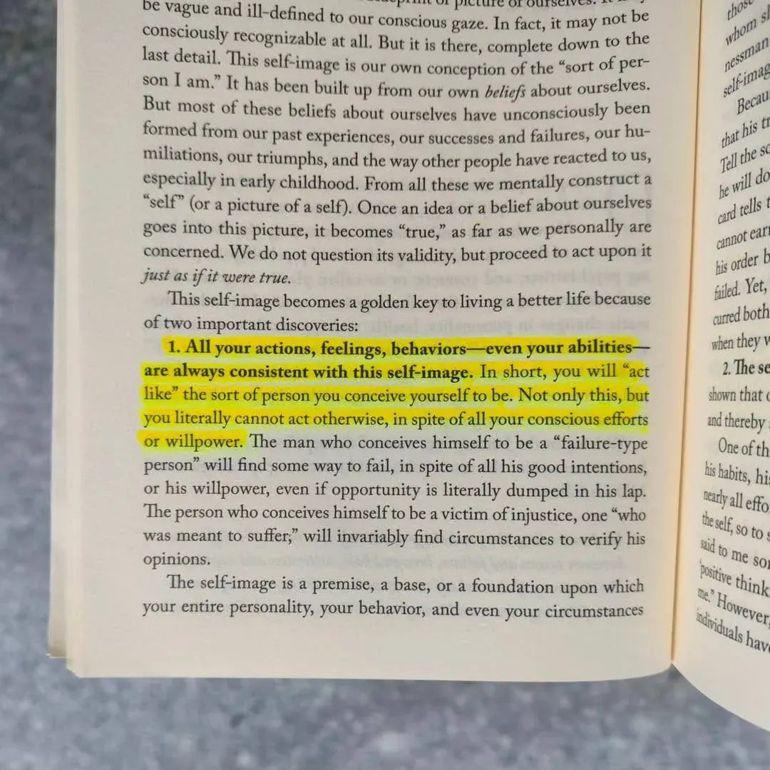 Square photo of a book page discussing self-image and how beliefs shape actions and behavior