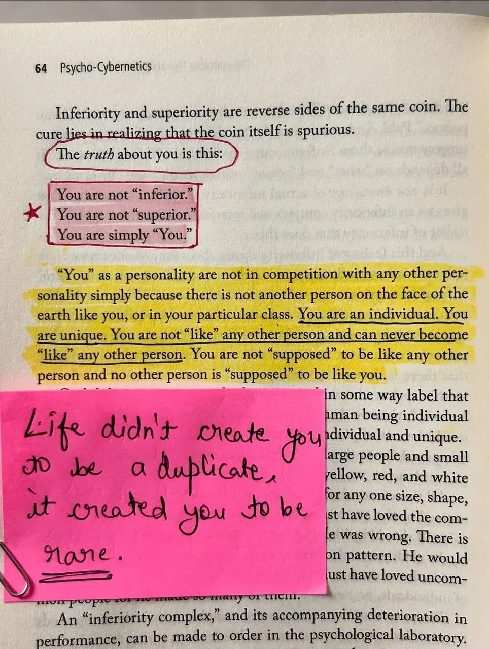 Page from Psycho-Cybernetics discussing inferiority, superiority, and personal uniqueness