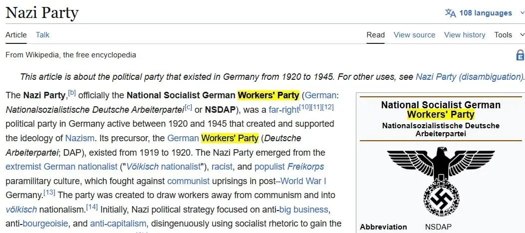 Screenshot of a Wikipedia article about the Nazi Party with readable introductory text