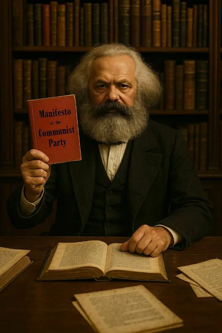 Elderly man at a table holding a red booklet titled Manifesto of the Communist Party with bookshelves behind him
