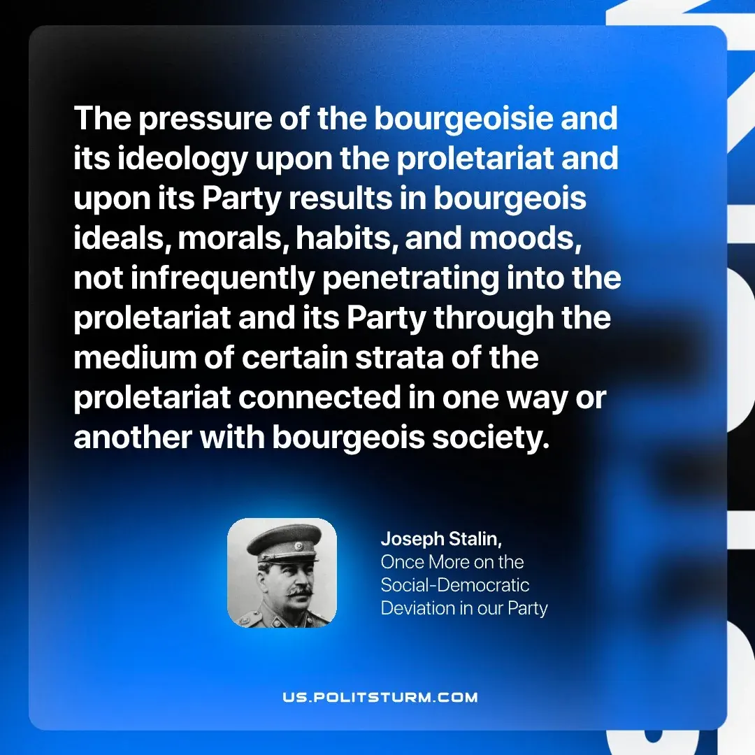 Excerpt from a socialist text about bourgeois ideological pressure on the proletariat, used for a book critical of democratic socialism Excerpt from a socialist text about bourgeois ideological pressure on the proletariat, used for a book critical of democratic socialism