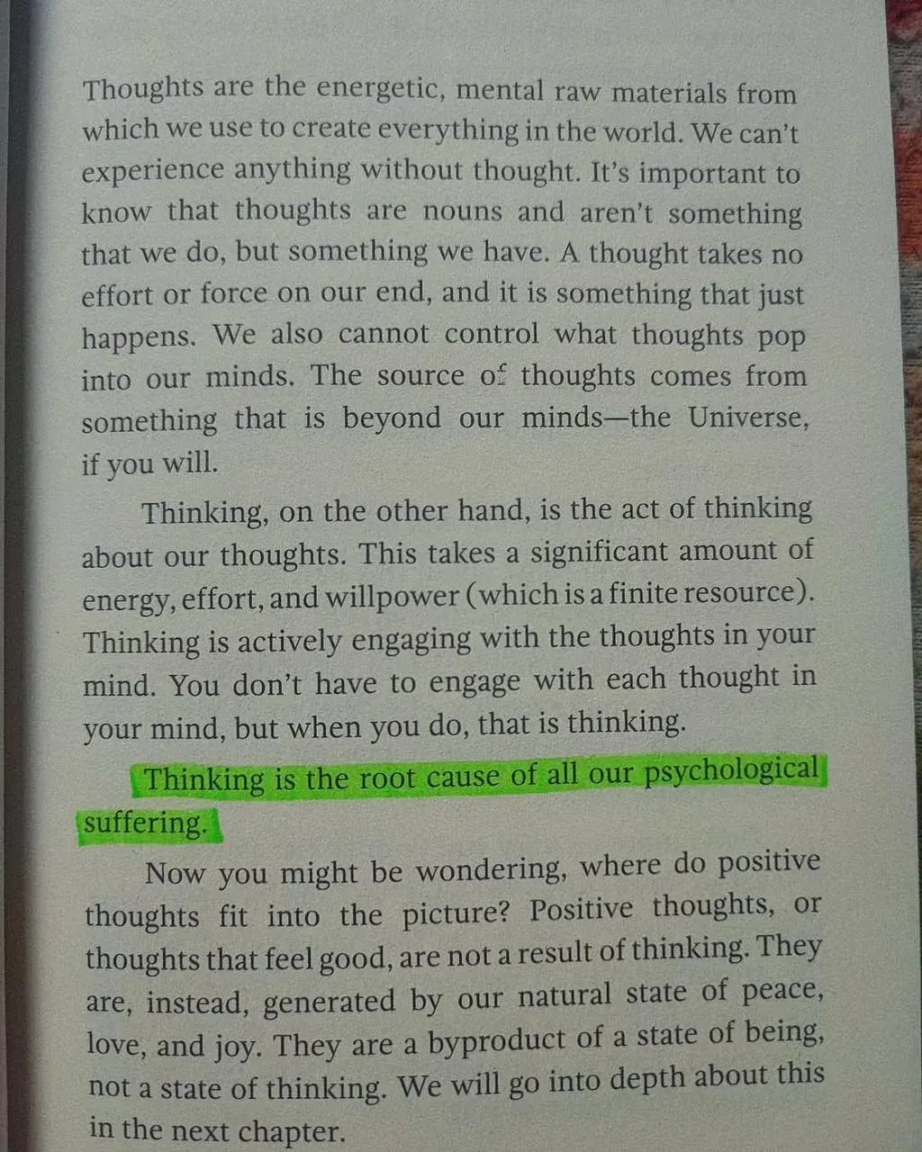 Portrait photo of a page about thoughts as mental raw materials and the difference between thoughts and thinking