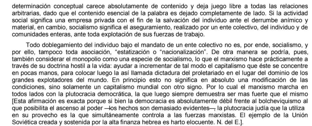 Spanish text excerpt critiquing Marxism, capitalism and definitions of socialism in a theoretical context