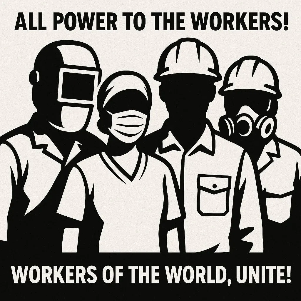 Propaganda-style poster of anonymous workers with slogans about worker power and global unity