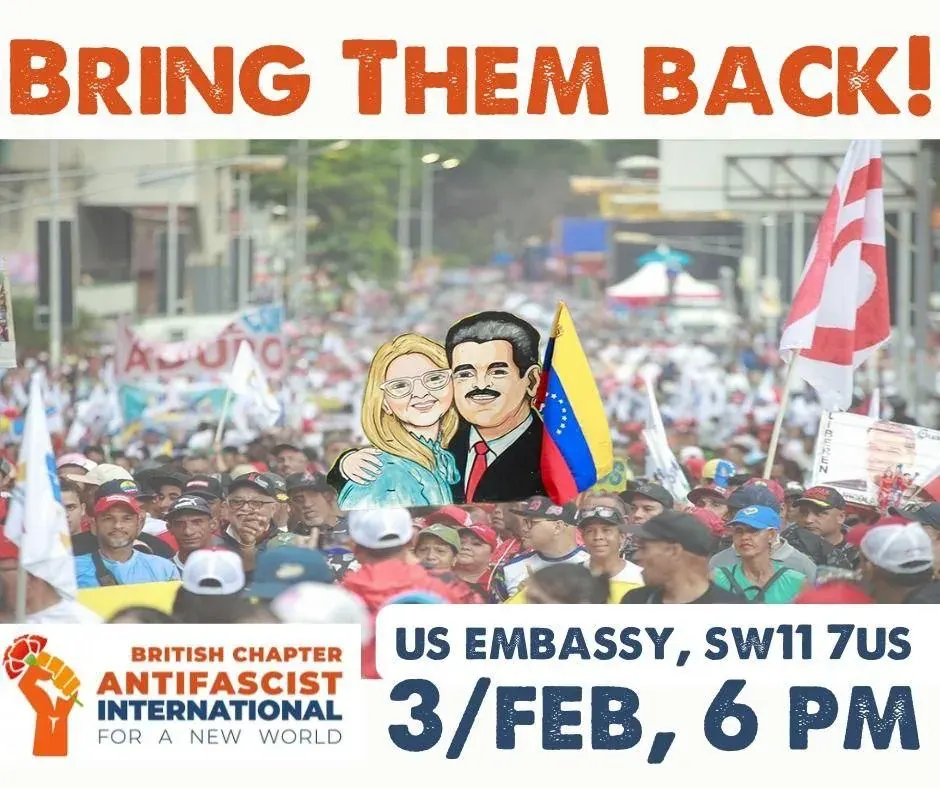Protest poster with slogan BRING THEM BACK and antifascist event details