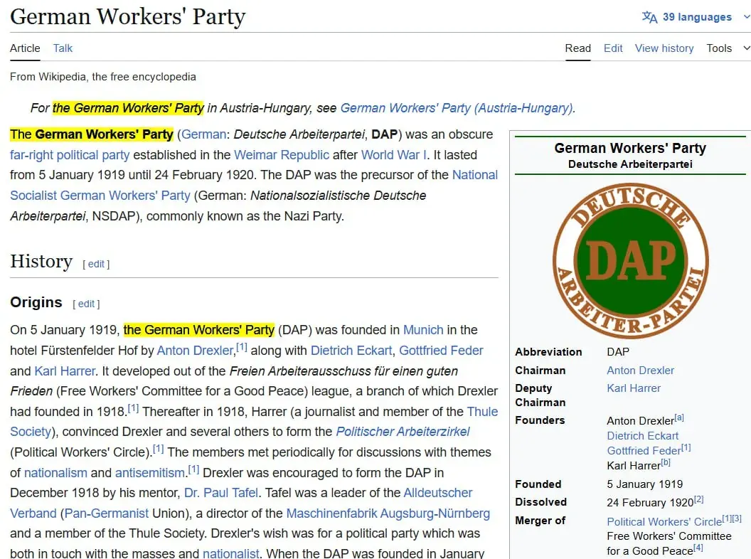 historical article text about the German Workers’ Party shown as a document excerpt