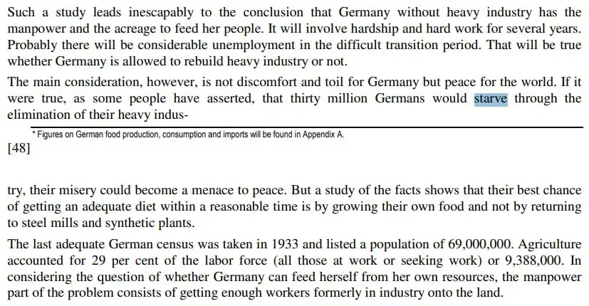 Historical document discussing Germany’s postwar food production and heavy industry limits