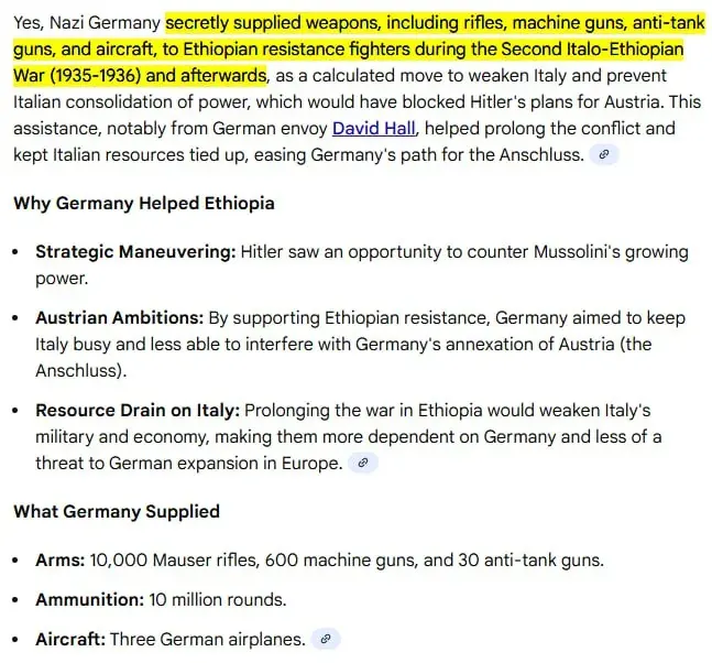 Text excerpt about Nazi Germany secretly supplying weapons to Ethiopian resistance fighters in the Second Italo-Ethiopian War as a strategic move