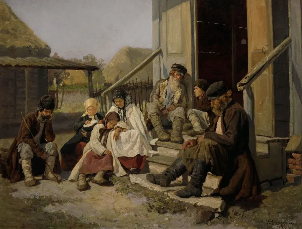 Group of people in old-fashioned clothing gathered on a rural porch, suggesting a historical working-class community Group of people in old-fashioned clothing gathered on a rural porch, suggesting a historical working-class community