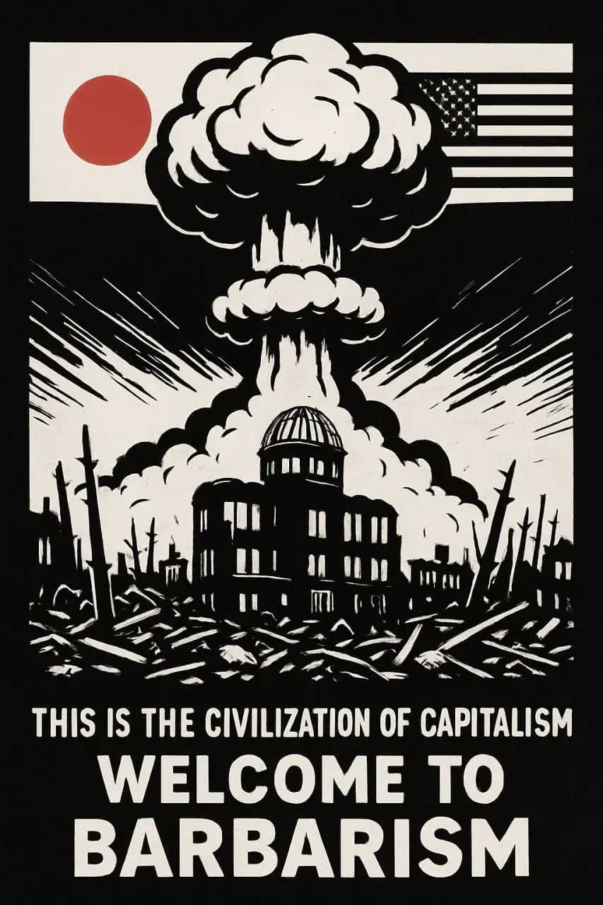 Portrait photo with partially readable slogan about the civilization of capitalism