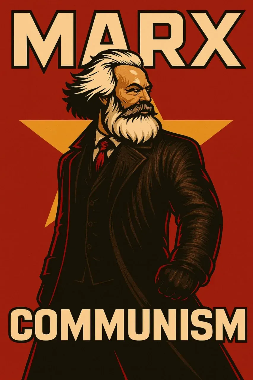 Marxist propaganda style portrait with MARX COMMUNISM text for a page on communism and personal freedom Marxist propaganda style portrait with MARX COMMUNISM text for a page on communism and personal freedom