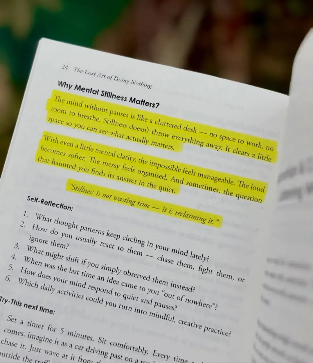 portrait photo of a printed page about mental stillness and making space to think
