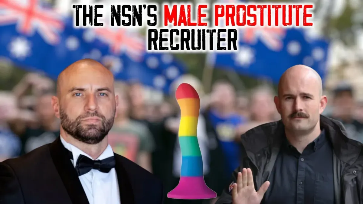 Crowd scene with two men in front and a rainbow-colored object between them, with bold headline text about a male prostitute recruiter