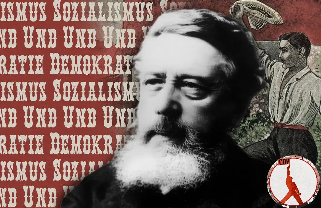 Grayscale portrait of a bearded man over a patterned background for a socialism and shortages themed book page