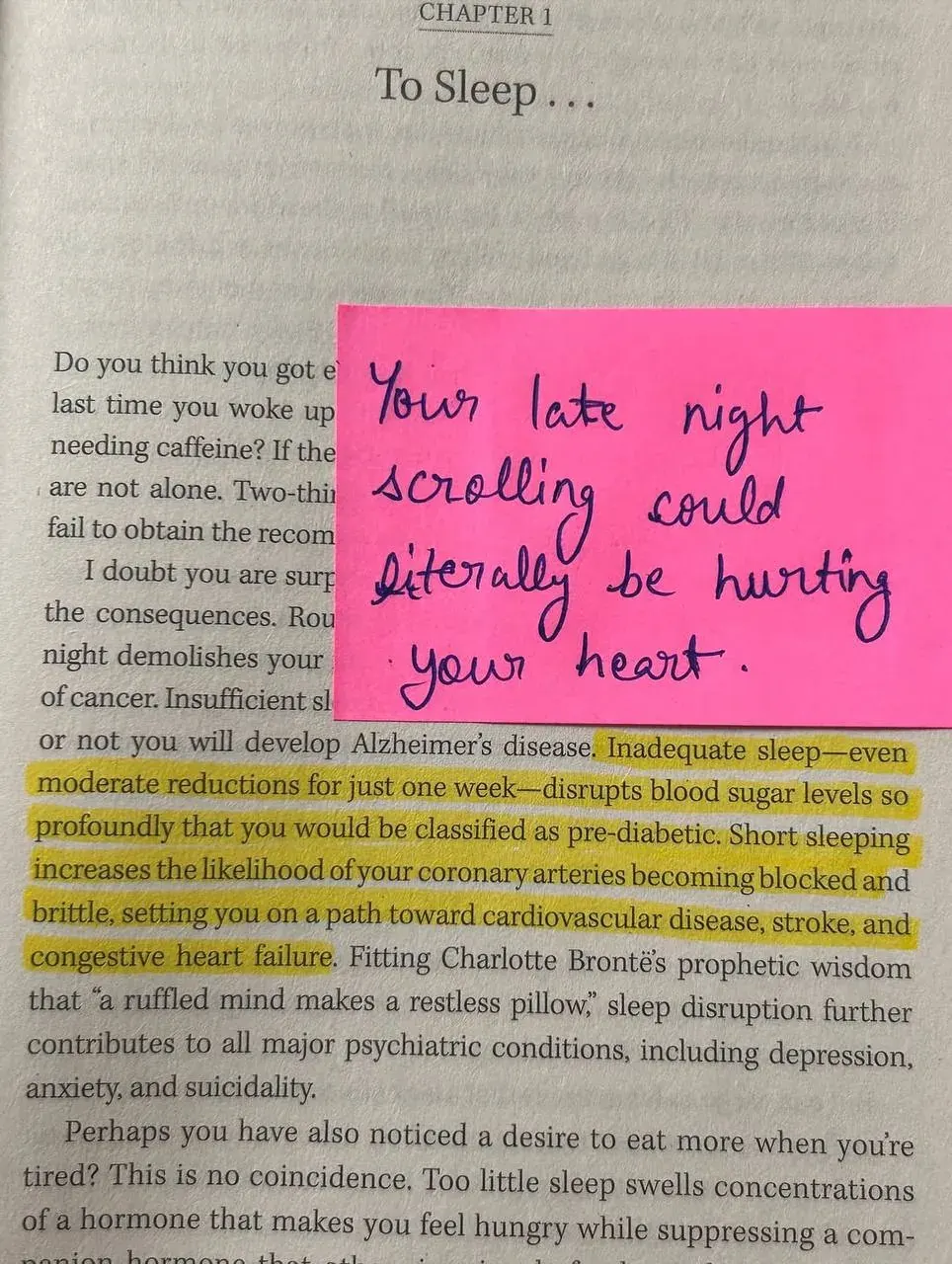 Close-up of an open non-fiction book showing a chapter titled “To Sleep...” about the health effects of insufficient sleep
