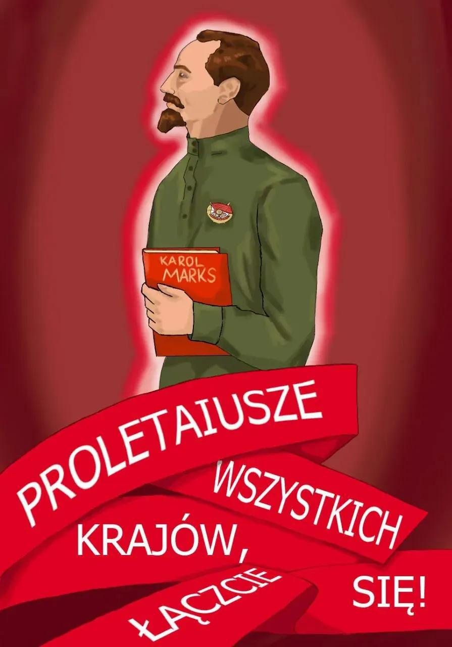 Illustration of a bearded man holding a red book labeled KAROL MARKS, echoing themes of socialist ideology and control over ordinary people