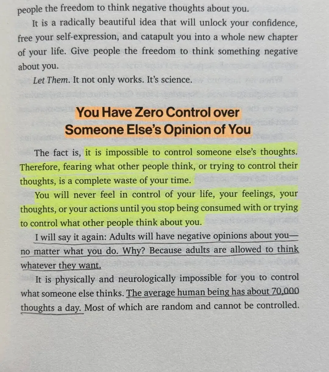 Portrait photo of a printed page about letting people think negative thoughts about you and not trying to control others’ opinions