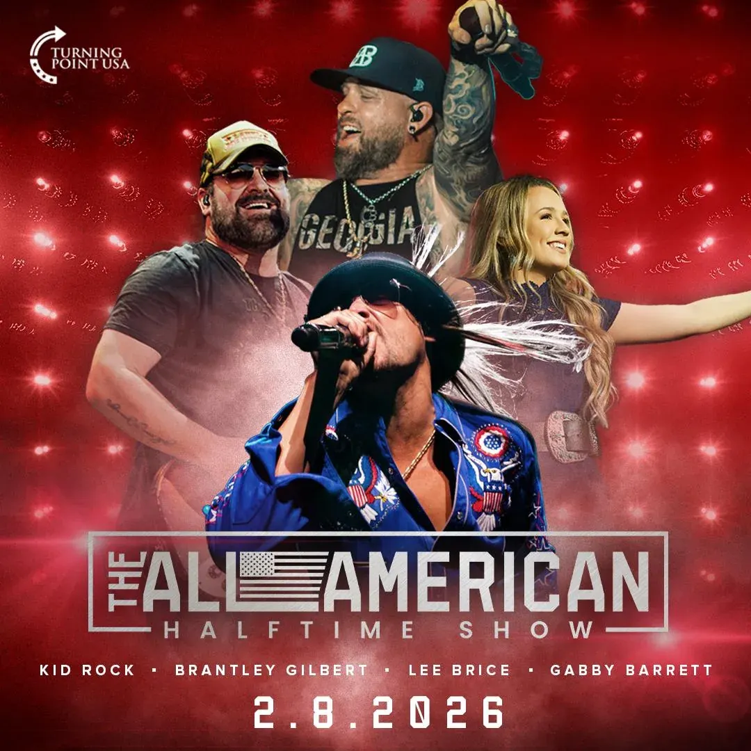 Square photo with partially readable concert-style poster text including names Kid Rock, Brantley Gilbert, Lee Brice, Gabby Barrett and date 2.8.2026