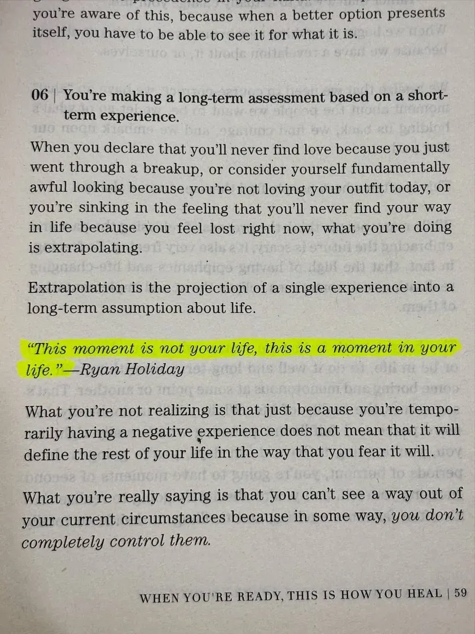 Portrait photo with a page of English self-help text about long-term assessment and healing