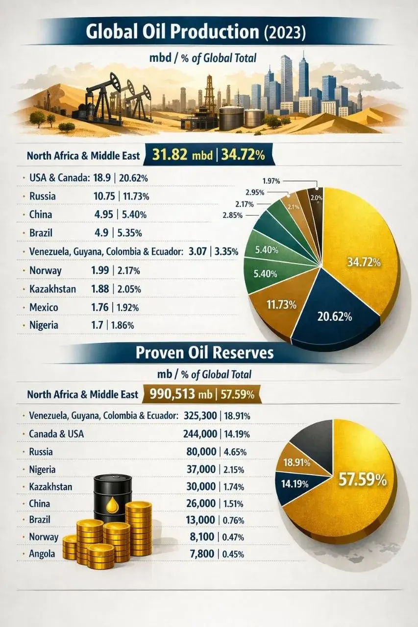 Chart showing 2023 global oil production and proven reserves by region, including Russia, USA and Canada, and Middle East