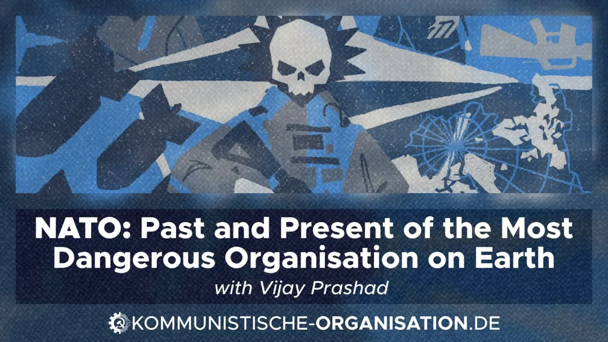 Promotional artwork with German text about a talk on NATO as a dangerous organisation with Vijay Prashad