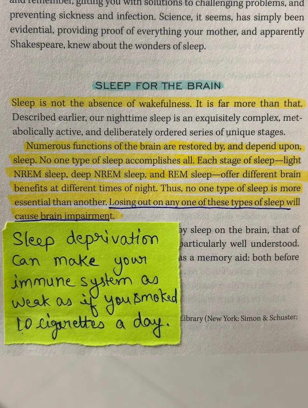 Portrait‑oriented photo of a book page discussing sleep, brain function, and the effects of sleep deprivation