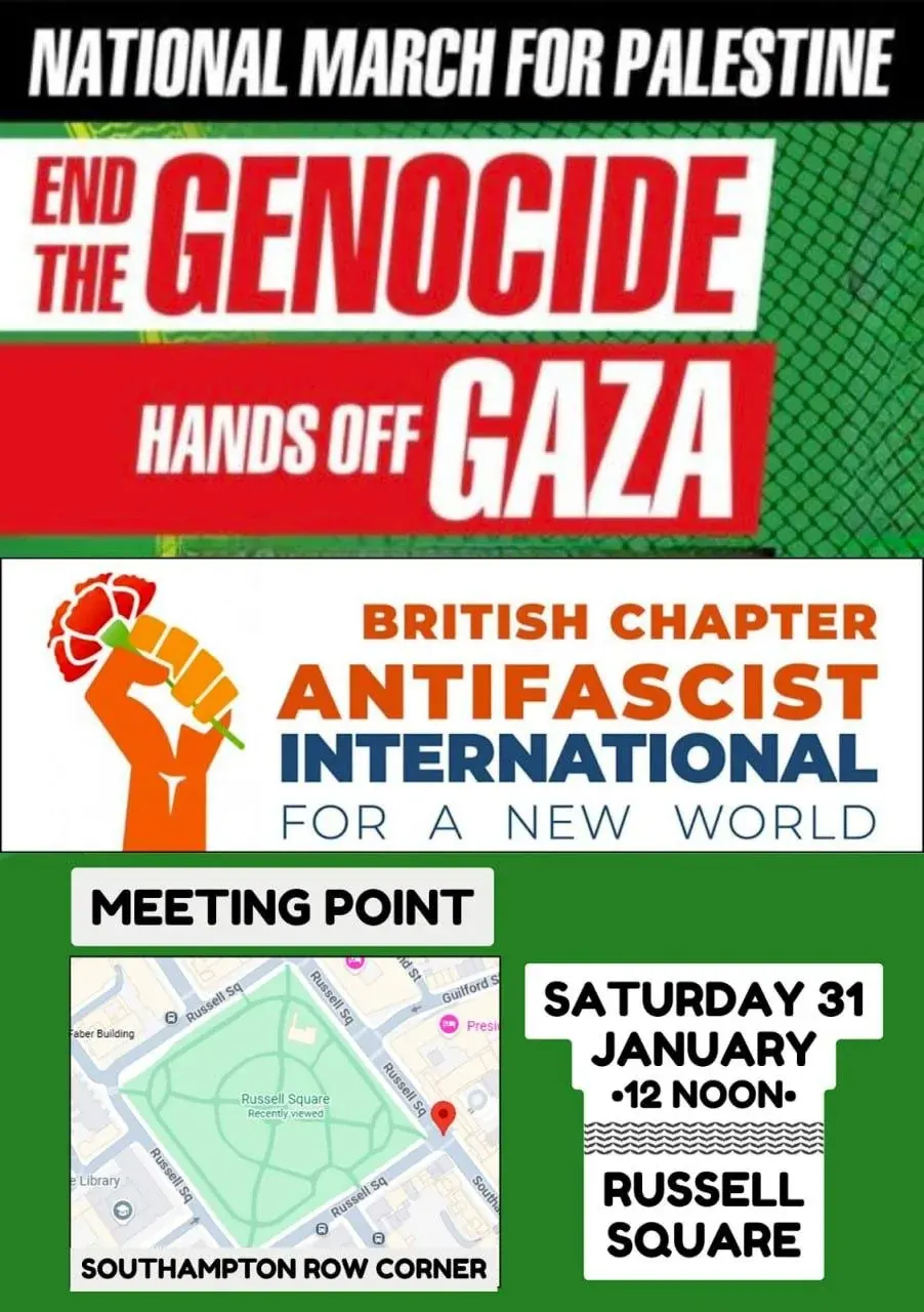 Protest poster reading “National March for Palestine” with slogans against genocide and details for a Russell Square demonstration