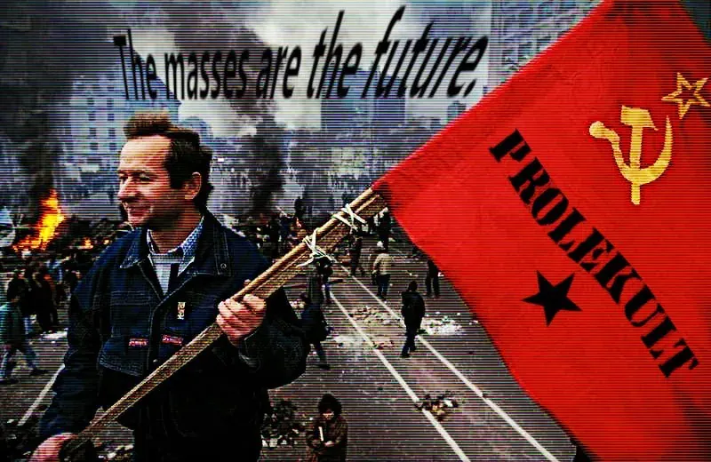Protester holding a hammer and sickle flag during a city street demonstration, echoing themes of post-Soviet media and politics