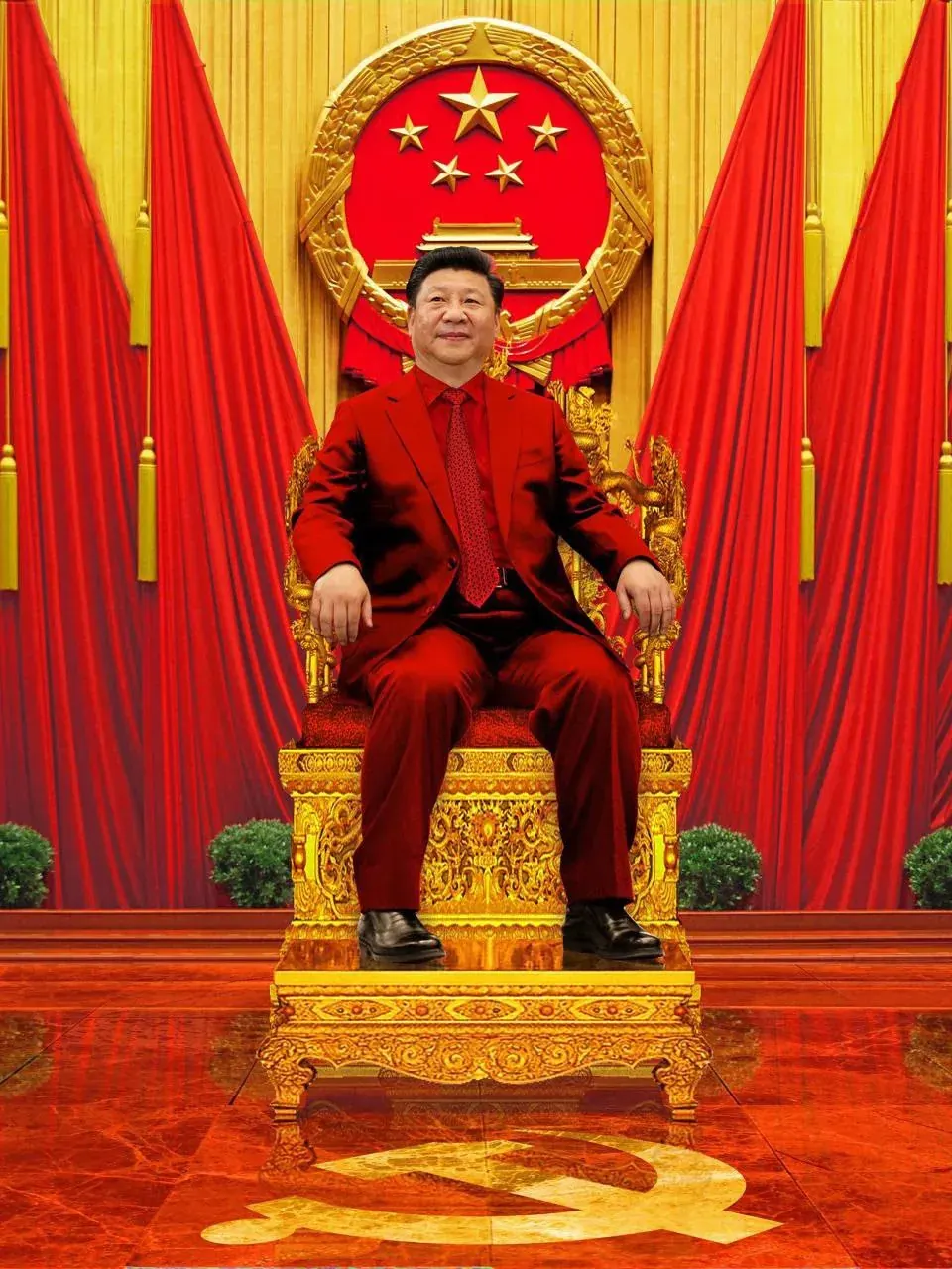Man in a red suit seated on an ornate throne, used as a symbolic hero image for The Red New Deal by Dmitri I. Dubograev