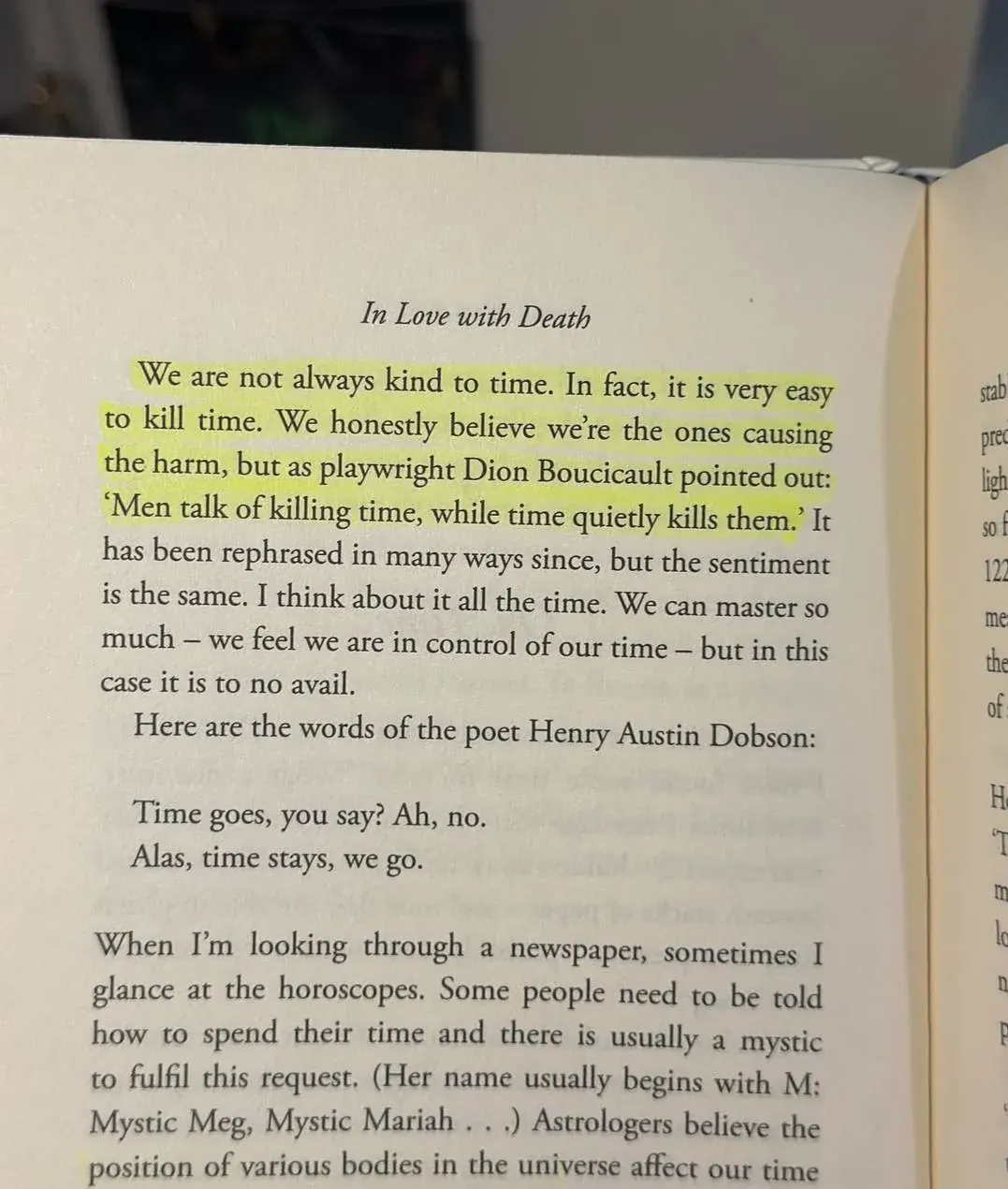 Close-up of a printed page titled In Love with Death about how people kill time while time quietly kills them