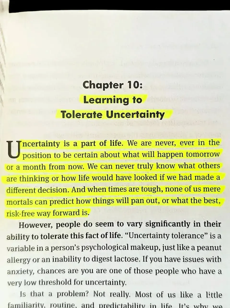 Close-up photo of a book page about learning to tolerate uncertainty