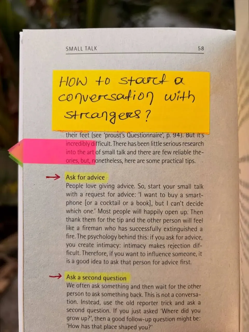 Close-up of a printed article page about small talk and conversation tips