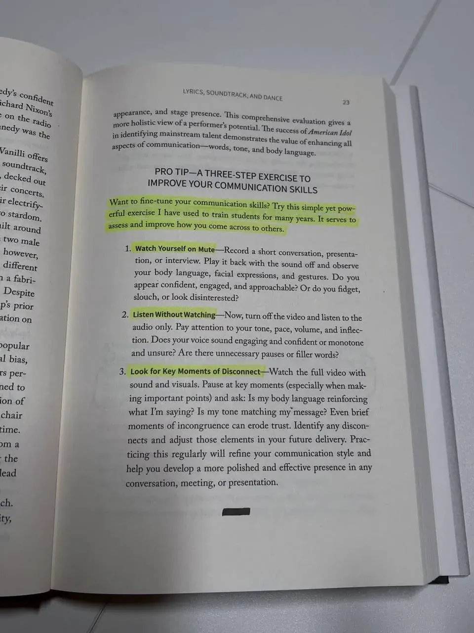 Portrait photo of a printed page about communication skills and performance evaluation