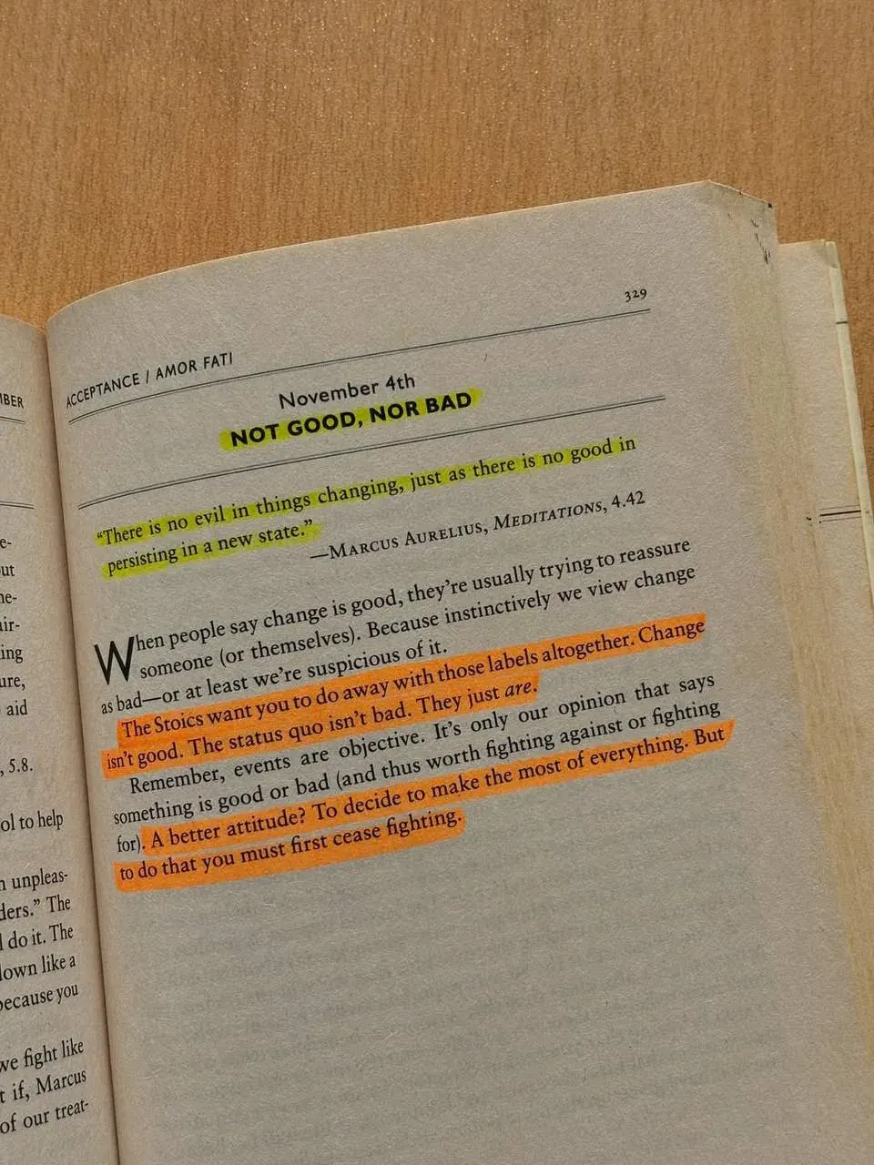 Handwritten notes quoting Marcus Aurelius on change not being good or bad, reflecting a nuanced view of social and political change