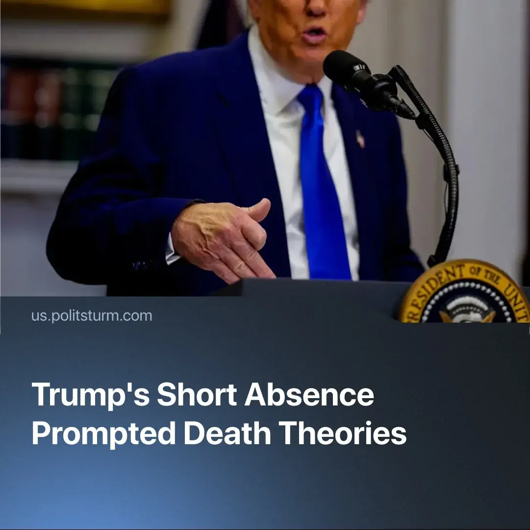 Public figure at podium with presidential seal and headline about Trump’s short absence prompting death theories