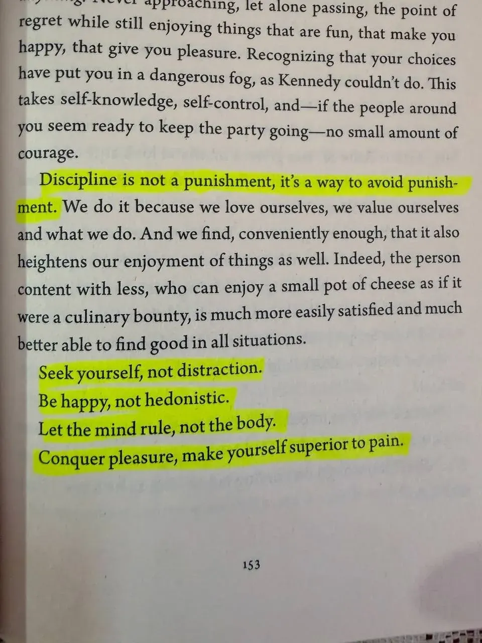 Portrait photo of a printed page about self-control, discipline, and resisting hedonism
